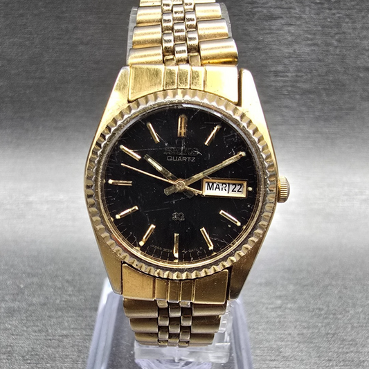 Seiko SQ Watch Women 24mm Black Dial Gold Tone Daydate Round 3E23-0A69 New Bat380