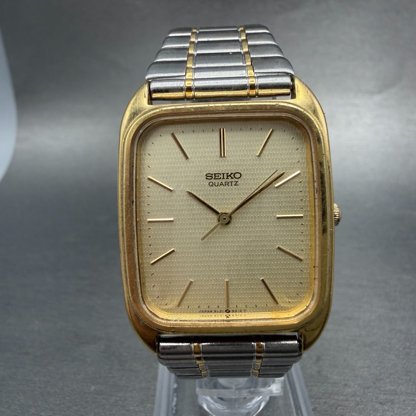 Seiko Tank Watch Men 28mm Champagne Dial Two Tone Rectangle 9021-517C NewBattery0