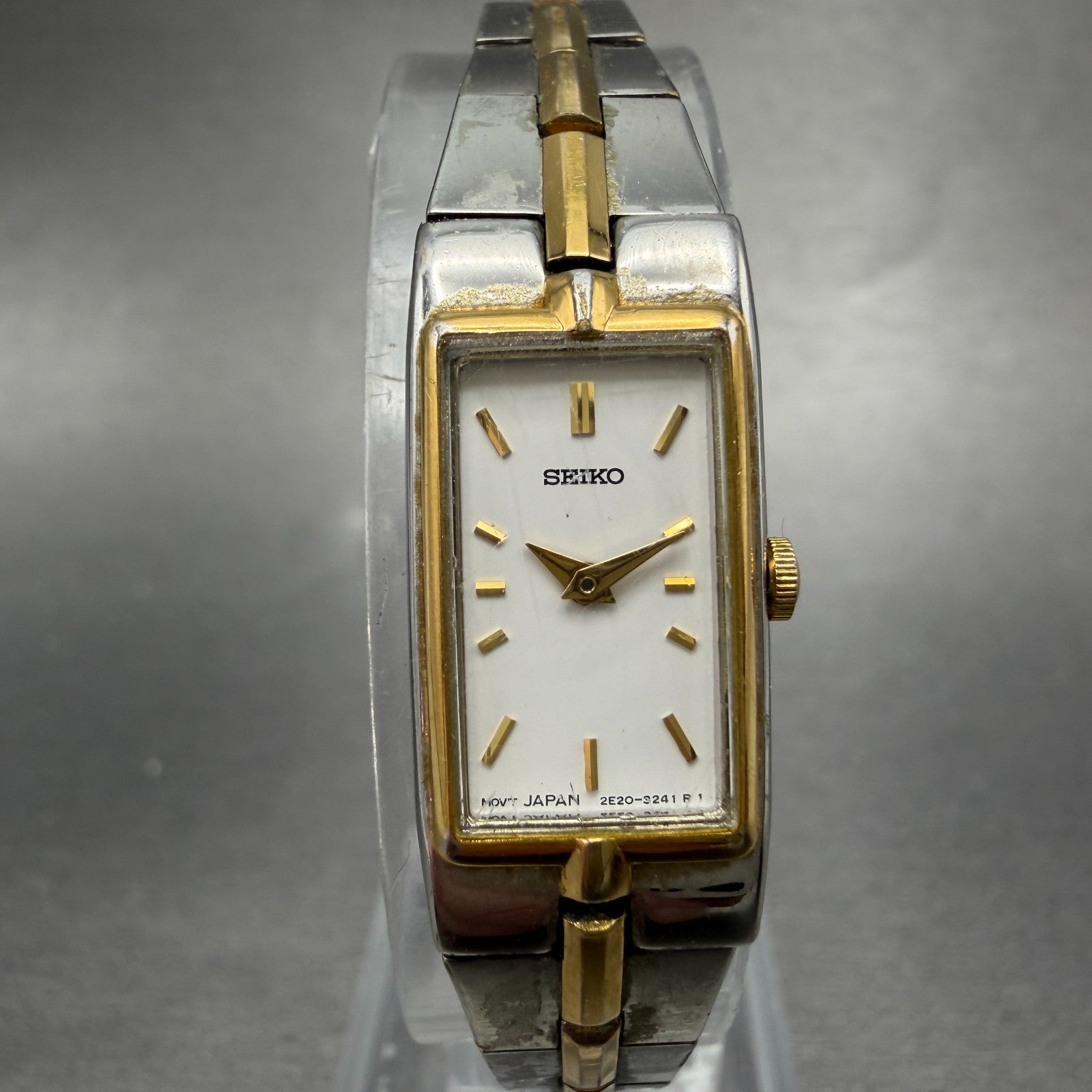 Seiko Tank Watch Women 13mm White Dial two Tone Rectangle 2E20-0AY0 New Battery50