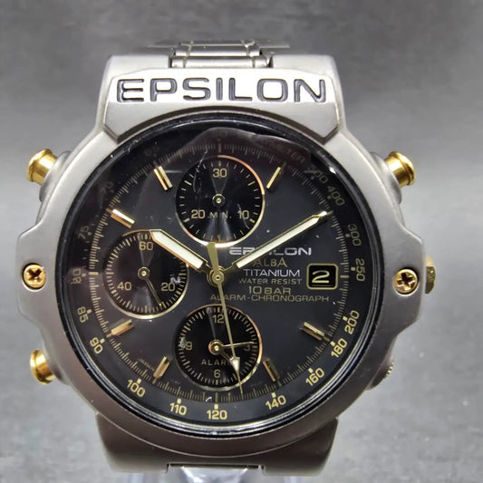 Seiko alba Epsilon Chronograph Watch Men 38mm Black Dial Titanium Y182-6A80 PART0