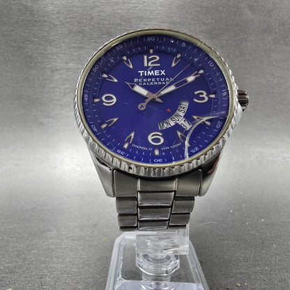 Timex Perpetual Calendar Watch Men 40mm Blue Dial Silver Tone Daydate New Batt5