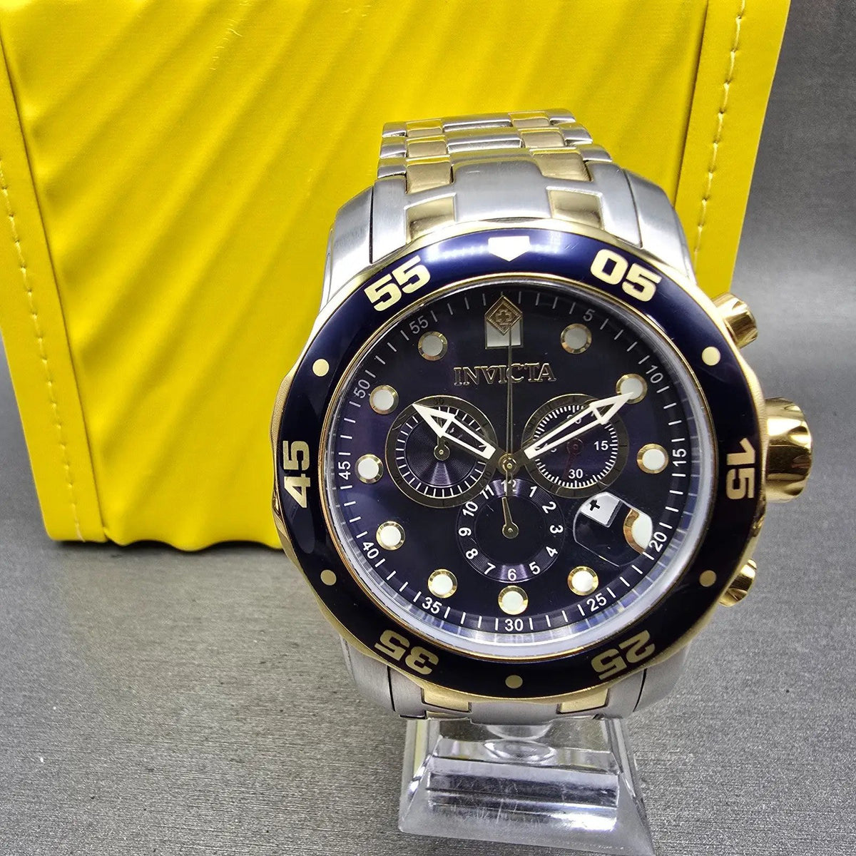 Invicta Pro Diver Chronograph Watch Men 48mm Blue Dial Two Tone 0077 New Battery0