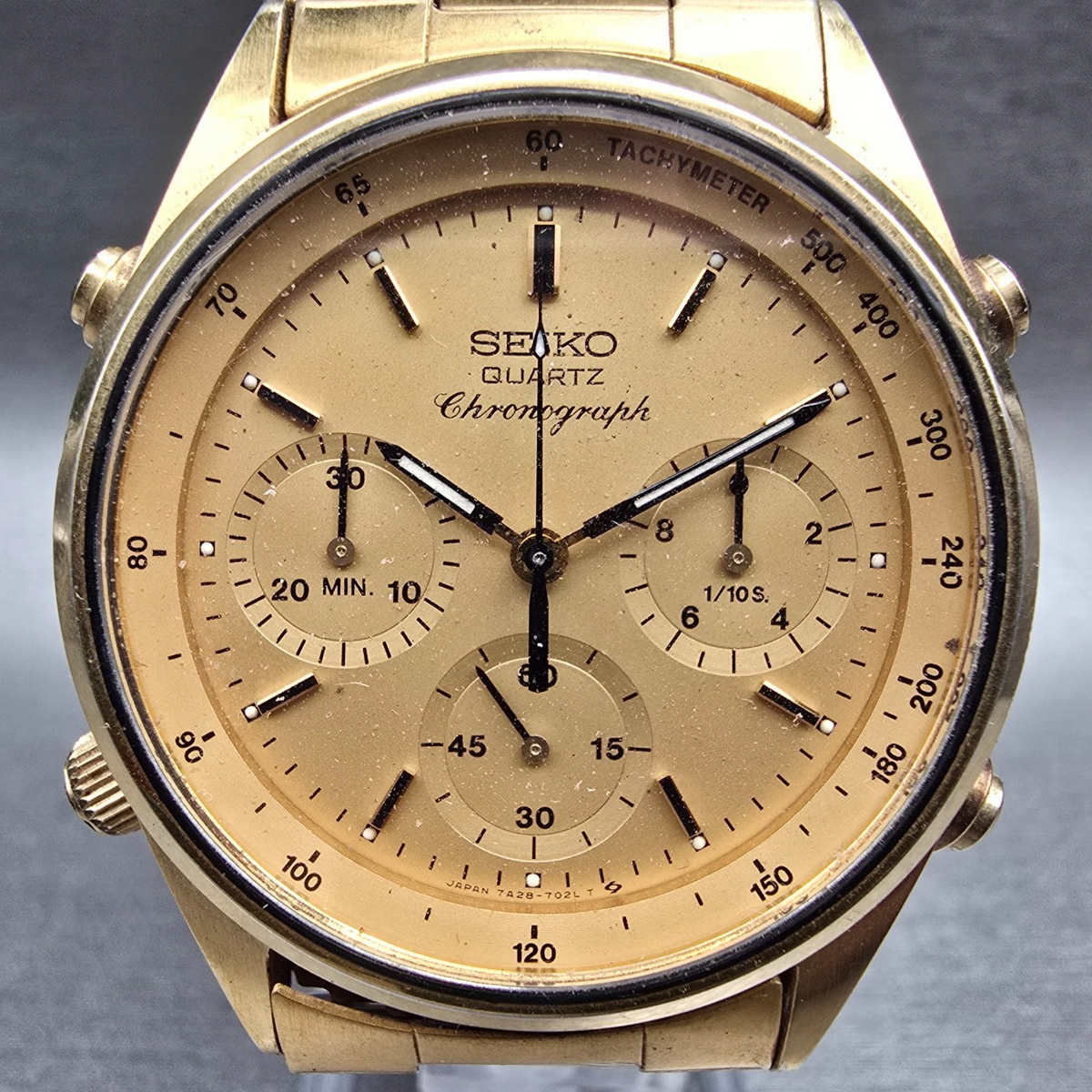 Seiko Chronograph Watch Men 37mm Gold Dial Gold Round 7A28-7029 New Battery VTG1