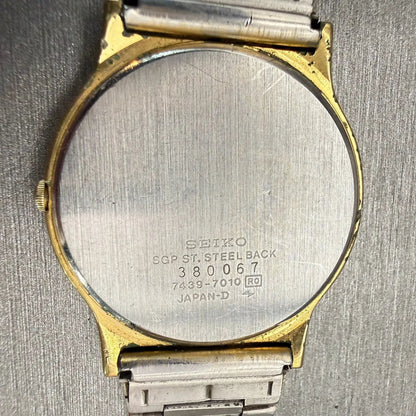 Seiko Watch Men 33mm Gold Dial Gold Tone Date Round 7439-7010 New Battery VTG10