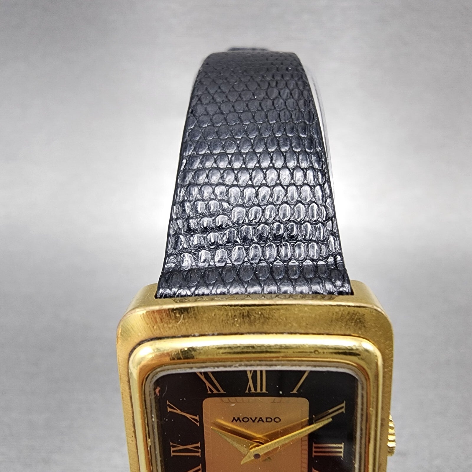 Movado Tank Watch Women 22mm Black & Gold Dial Gold Tone Rectangle New Battery4