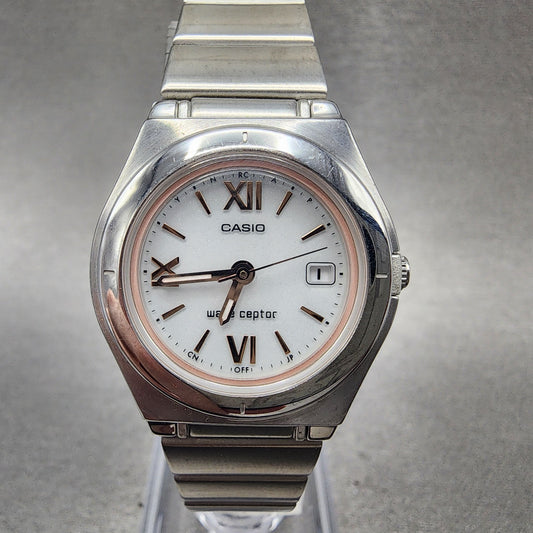 Casio Wave Ceptor Watch Women 28mm White Dial Silver Tone Dat Solar LWQ10 Runs0