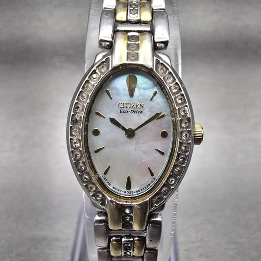 Citizen Eco-Drive Watch Women 18mm MOP Dial Gemmed Oval B023-S019214 Works0