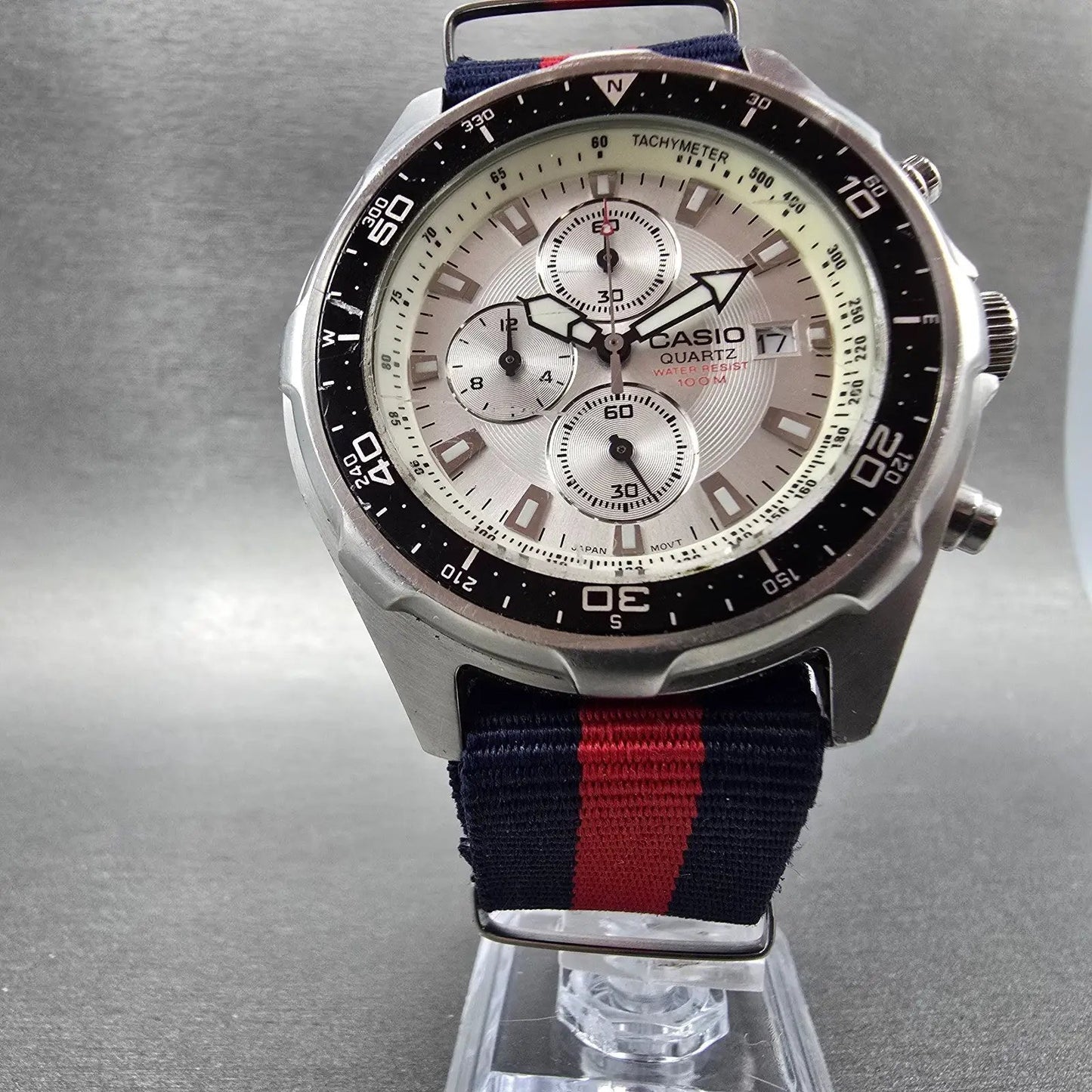 Casio Chronograph Watch Men 45mm Silver Dial Silver Tone Date AMW-330 NewBatt JK5