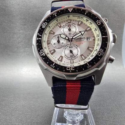 Casio Chronograph Watch Men 45mm Silver Dial Silver Tone Date AMW-330 NewBatt JK5