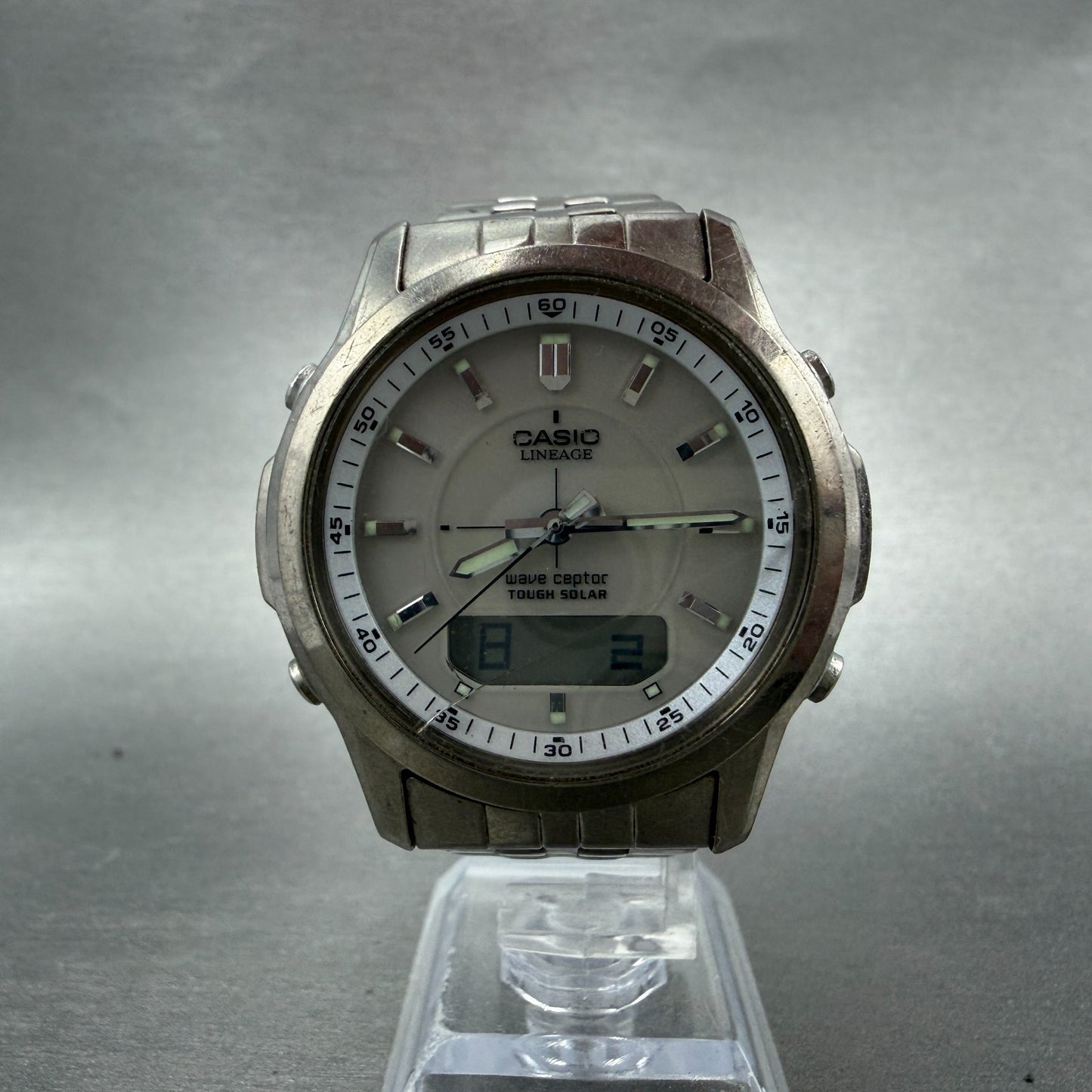 Casio Lineage Watch Men 41mm White Dial Titanium Ana Digi Alarm Chrono Works5