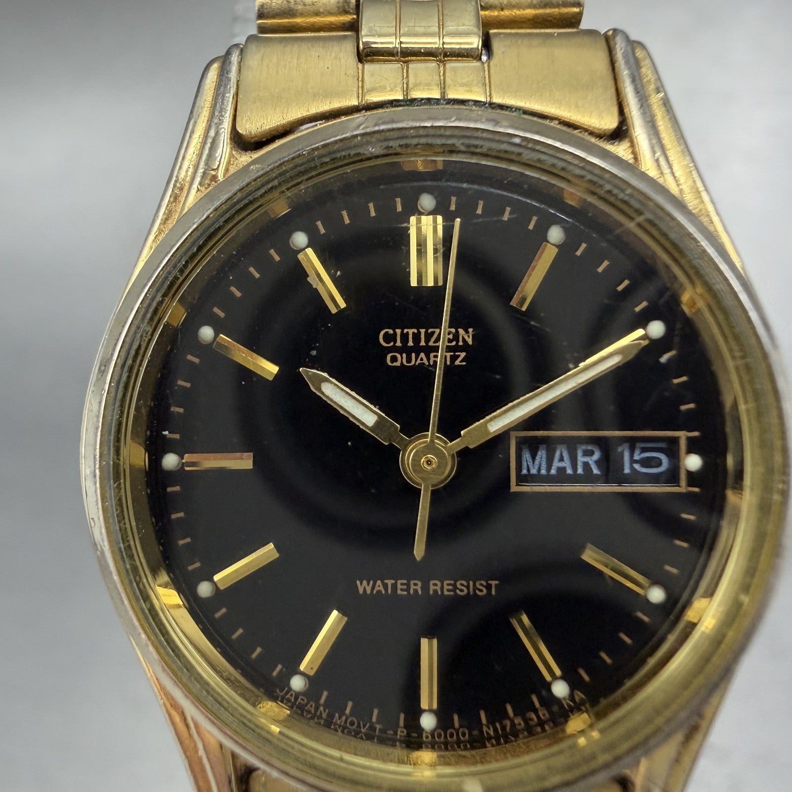 Citizen CQ Watch Women 23mm Black Dial Gold Tone Daydate 6000-S38231 NewBatteryA1