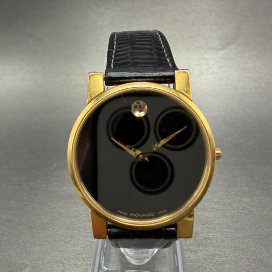 Movado Museum Watch Men 31mm Black Dial Gold Tone Round Leather New Battery KJAS0