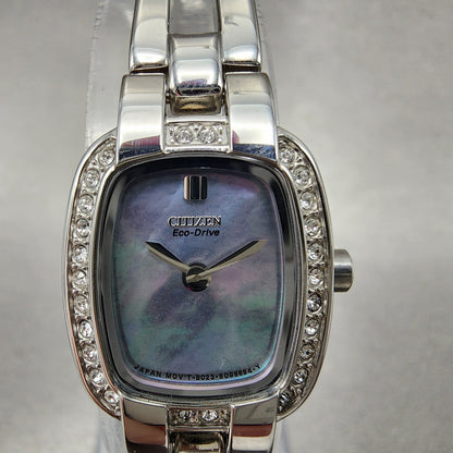 Citizen EcoDrive Watch Women 17mm MOP Dial Steel Rectangle Crystal Works2