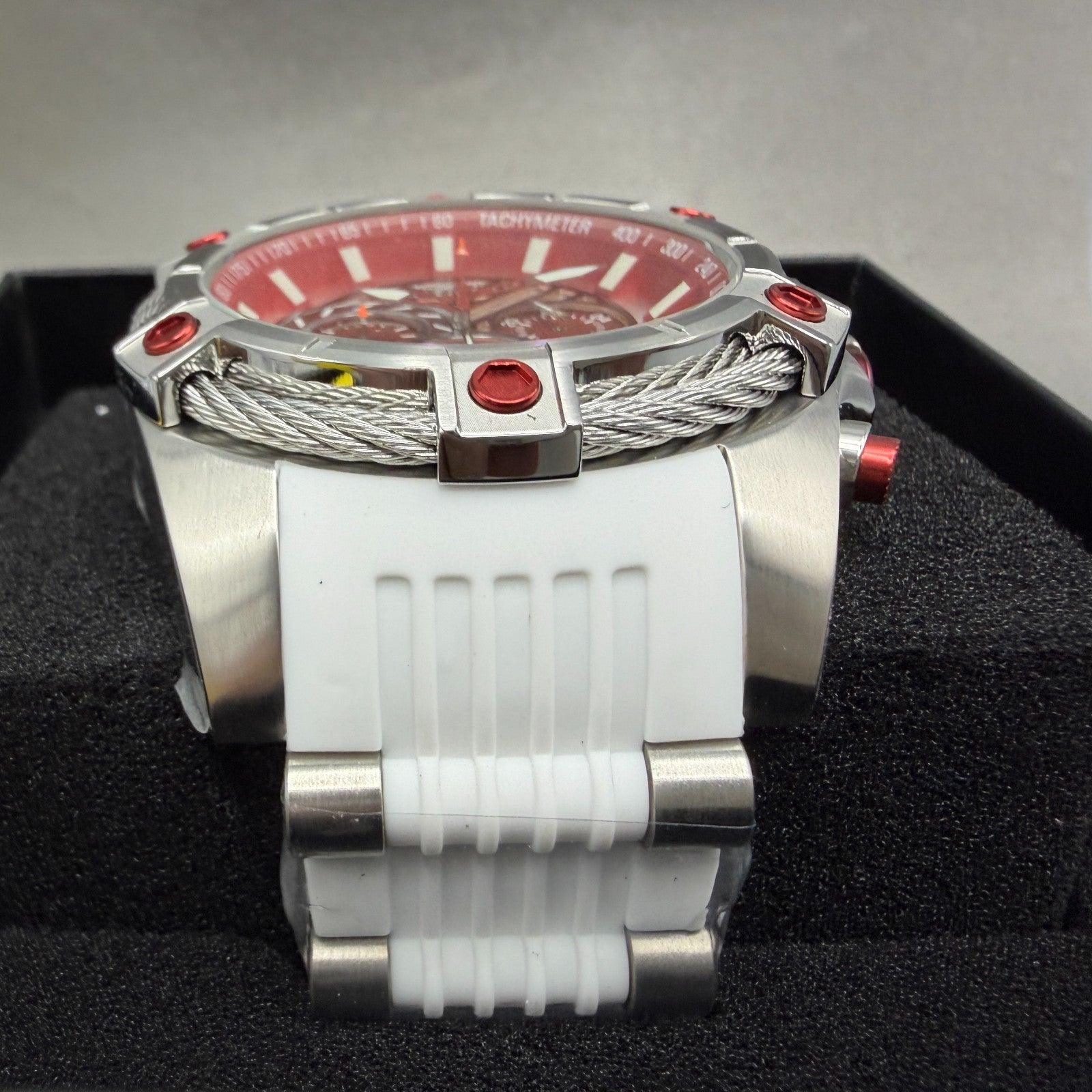 Invicta Bolt Chronograph Watch Men 53mm Red Dial Steel Round 46382 Rubber Band2