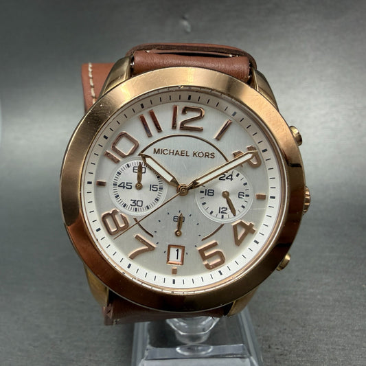 Michael Kors Mercer Watch 42mm Women Silver Dial Rose Gold Chrono New Battery0