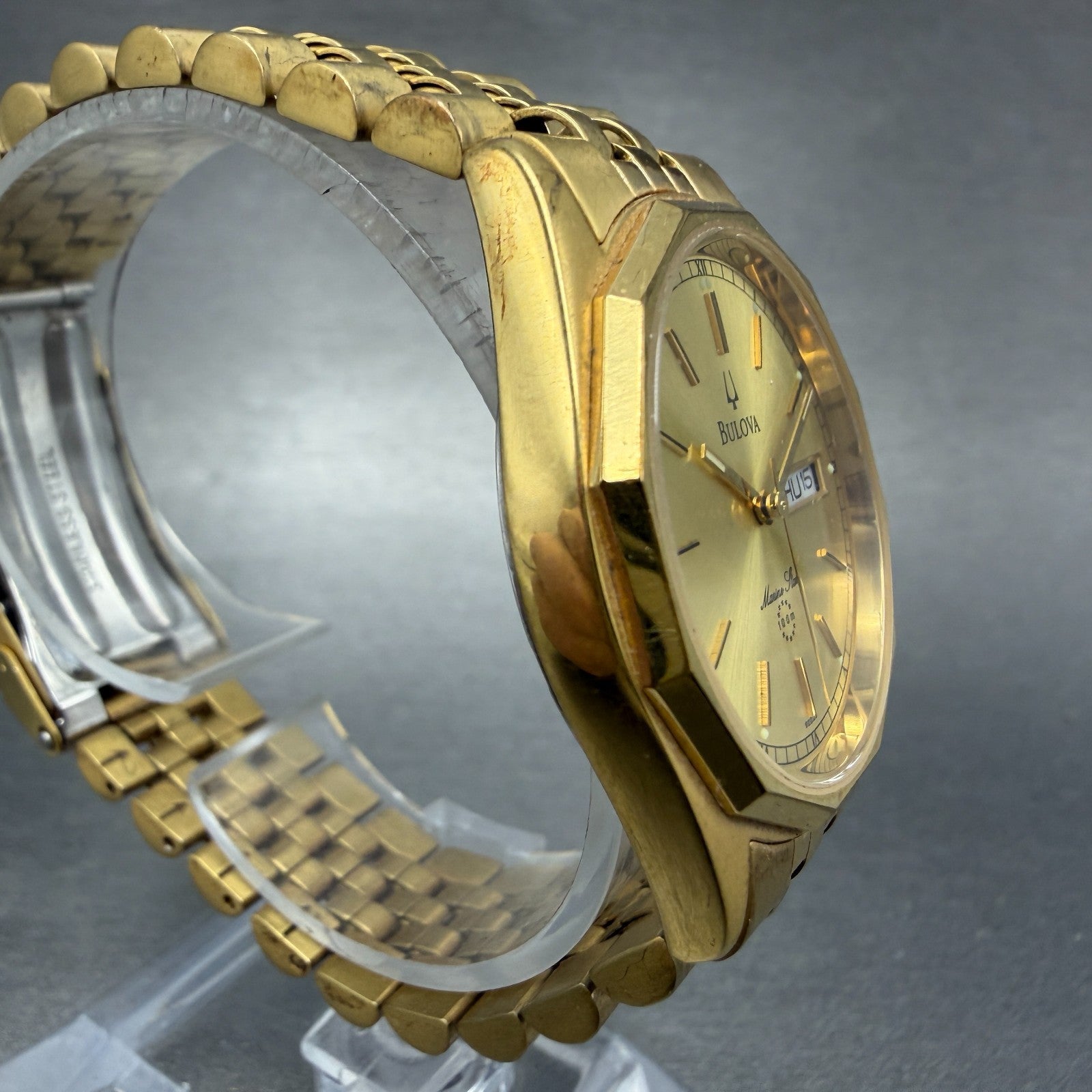 Bulova Marine Star Watch Men 35mm Gold Dial Gold Tone Date Round New Battery GH73