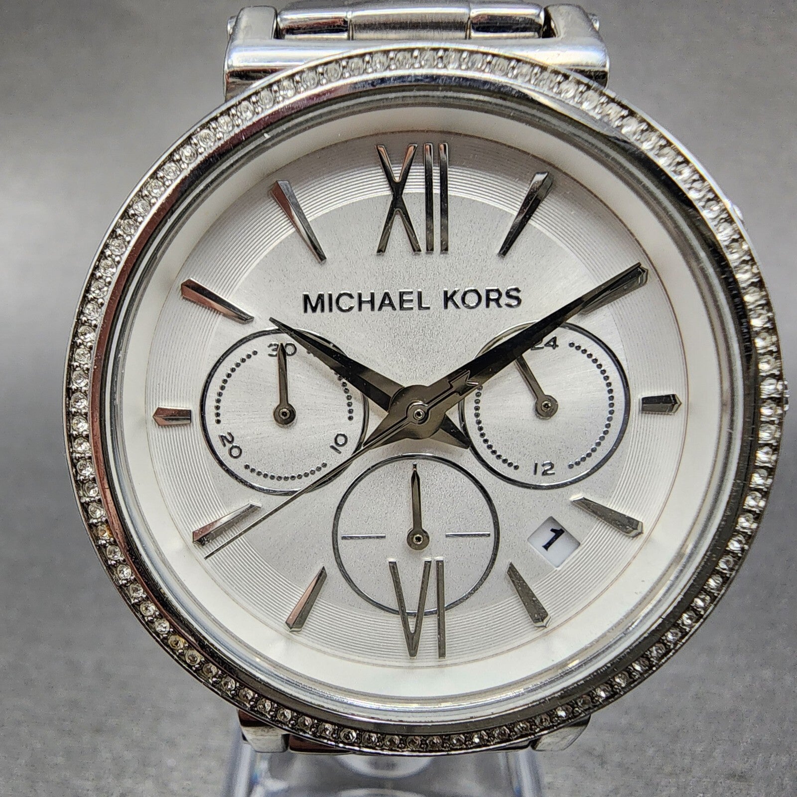 Michael Kors Sofie Watch Women 38mm White Dial Steel Date Chronograph New Batt2