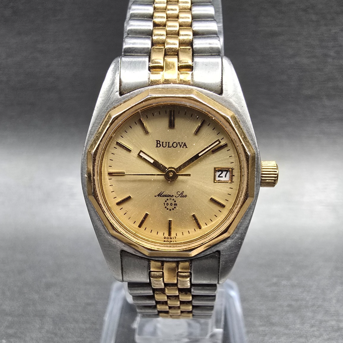Bulova Marine Star Watch Women 24mm Gold Dial Two Tone Date Round 90G17 New Batt0