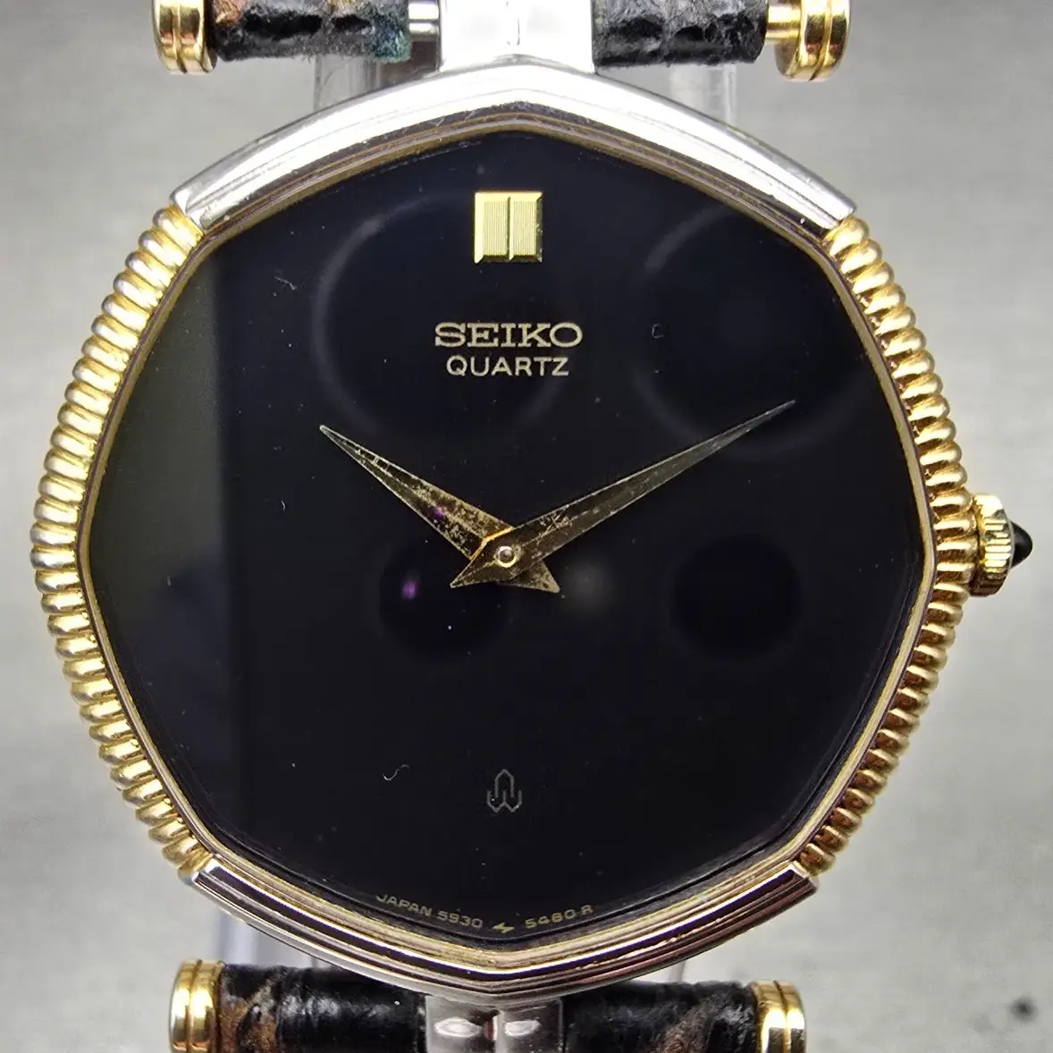 Seiko Watch Men 30mm Black Dial Two Tone Octagon 5930-5470 New Battery Vintage1