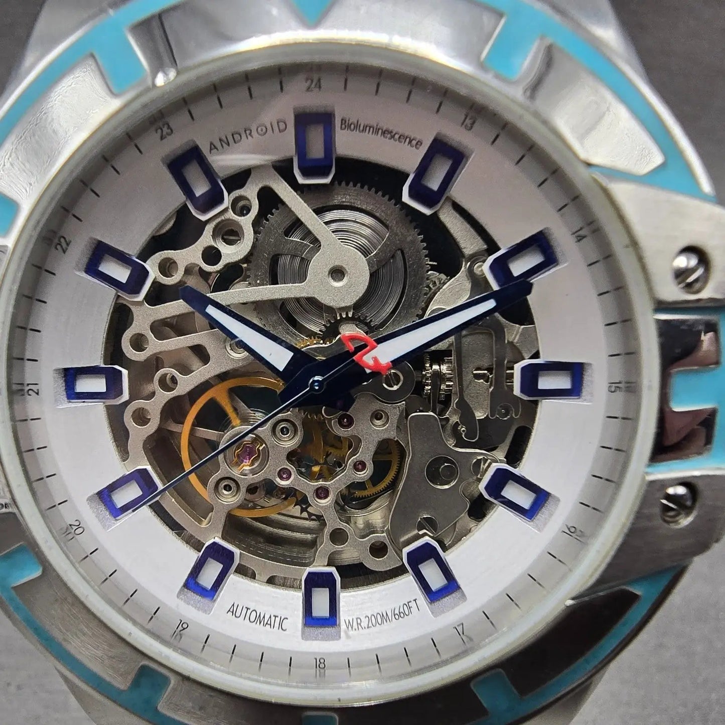 Android Bioluminescence Skeleton Automatic Watch Men 48mm Blue Dial Steel Runs1
