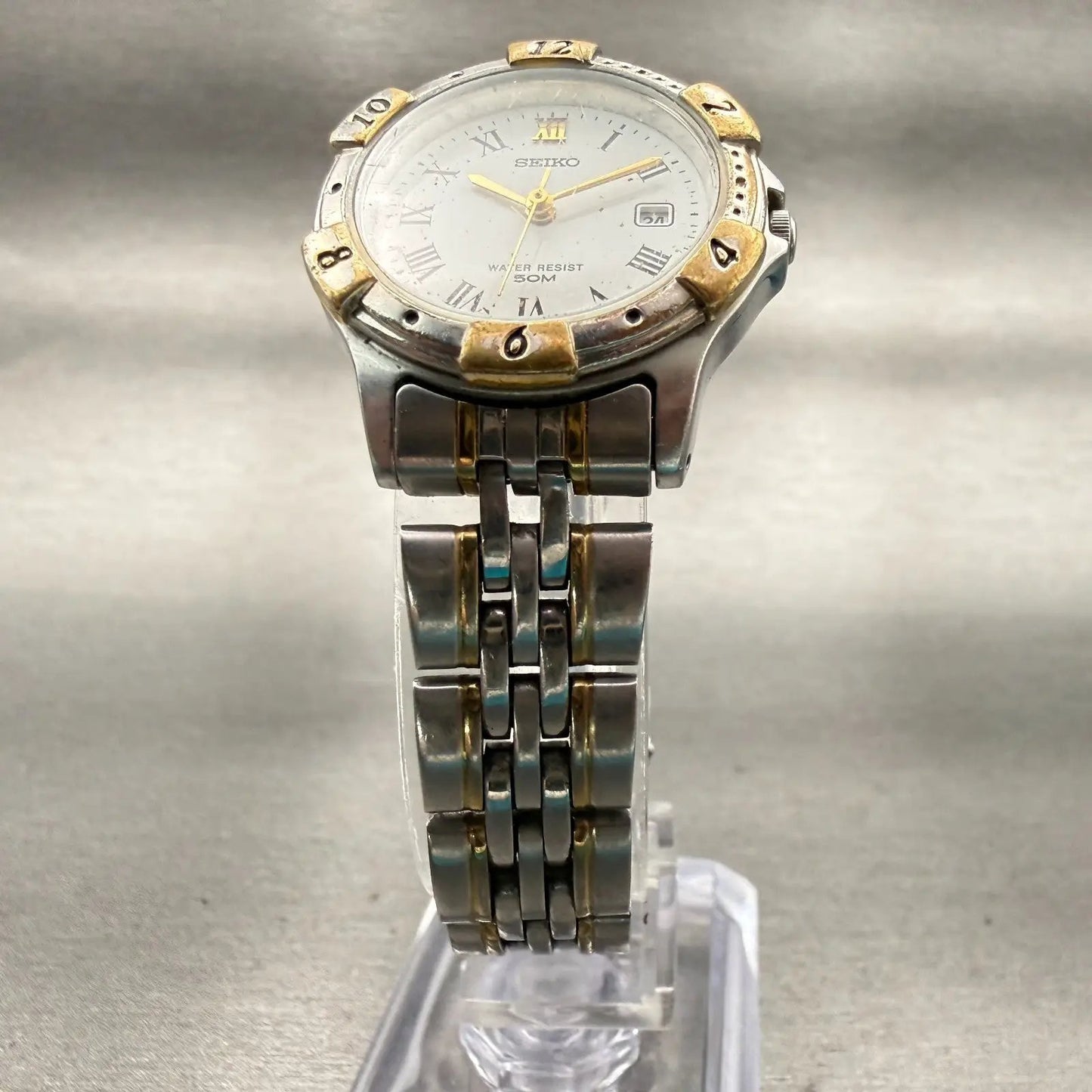 Seiko Watch Women 27mm White Dial Two Tone Date Round 7N82-0610 New Battery VTG5