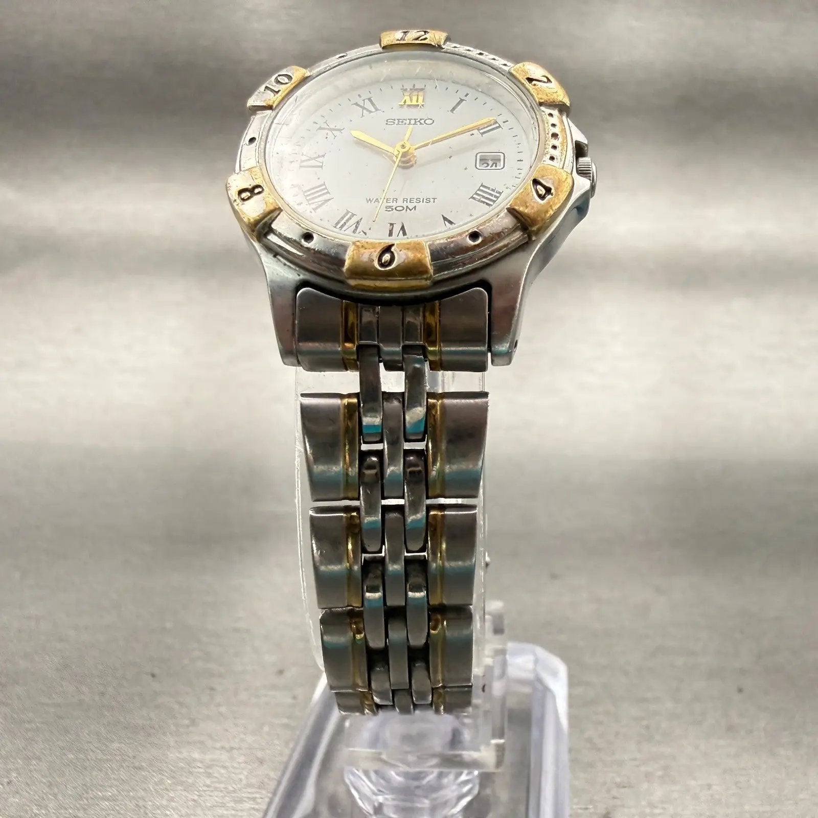 Seiko Watch Women 27mm White Dial Two Tone Date Round 7N82-0610 New Battery VTG5