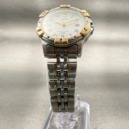 Seiko Watch Women 27mm White Dial Two Tone Date Round 7N82-0610 New Battery VTG5