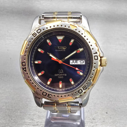 Seiko SQ Sports Dive Watch Men 40mm Blue Dial Two Tone Daydate 7N43-6029 New Bat0