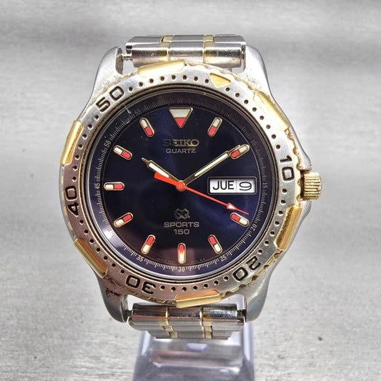 Seiko SQ Sports Dive Watch Men 40mm Blue Dial Two Tone Daydate 7N43-6029 New Bat0