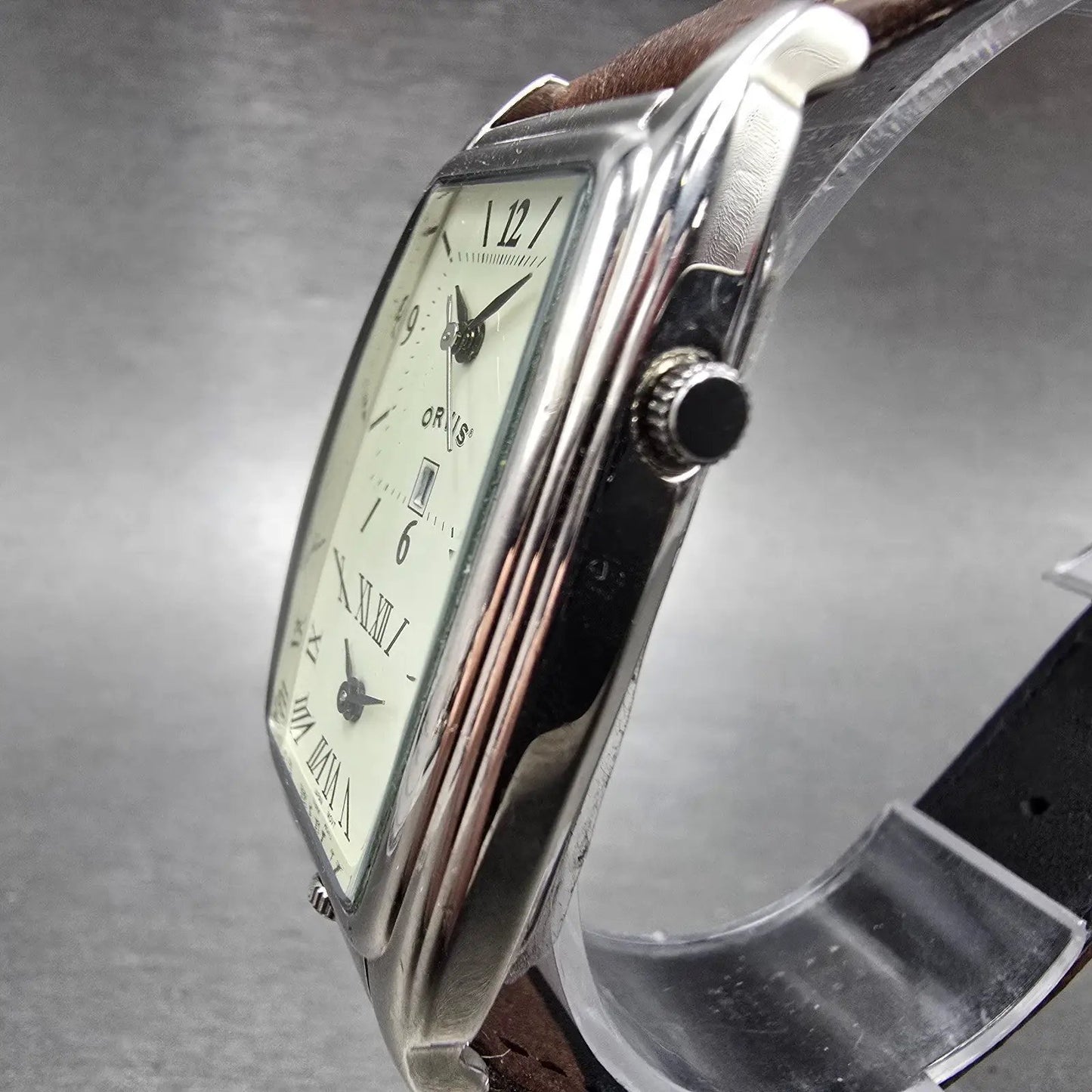 Orvis Dual Time Tank Watch Men 29mm Cream Dial Silver Tone Leather New Battery2