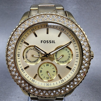 Fossil Stella Glitz Watch Women 37mm Champagne Dial Gold Tone Daydate New Batt1