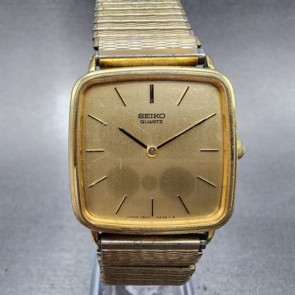 Seiko Watch Men 29mm Champagne Dial Gold Tone Square 7800-5239 New Battery