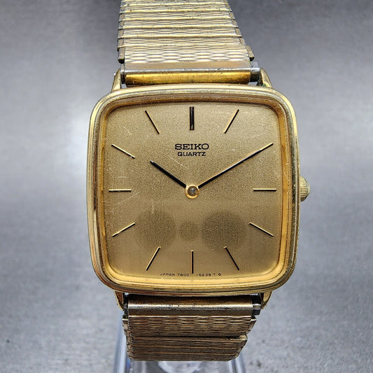 Seiko Watch Men 29mm Champagne Dial Gold Tone Square 7800-5239 New Battery