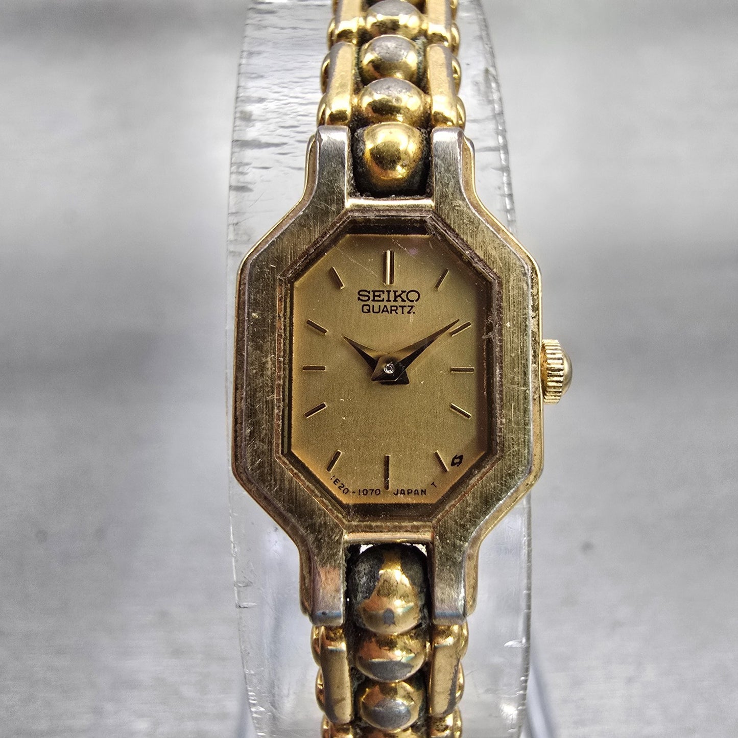 Seiko Watch Women 14mm Gold Dial Gold Tone Octagon 1E20-5629 Vintage New Battery0