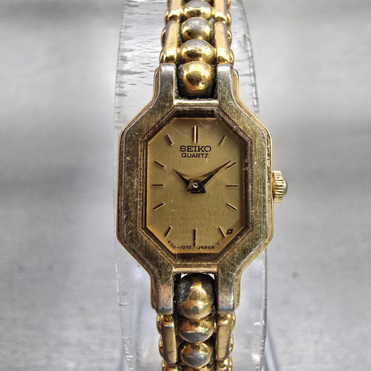 Seiko Watch Women 14mm Gold Dial Gold Tone Octagon 1E20-5629 Vintage New Battery0