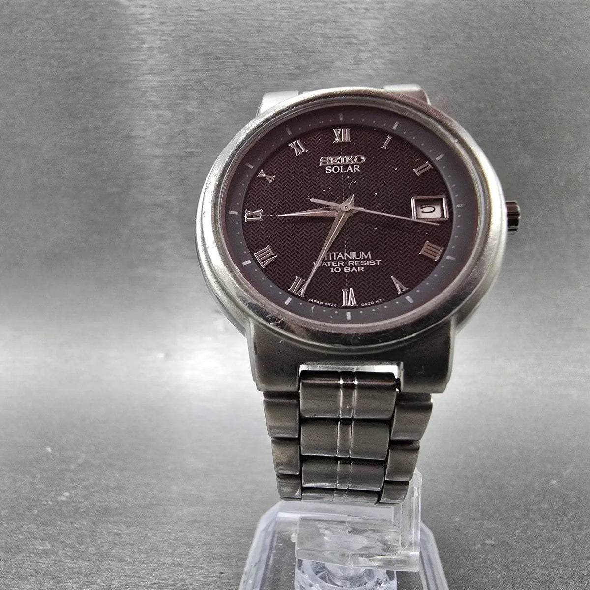 Seiko Solar Watch Men 35mm Black Dial Titanium Date Round 5K22-0A20 PARTS6