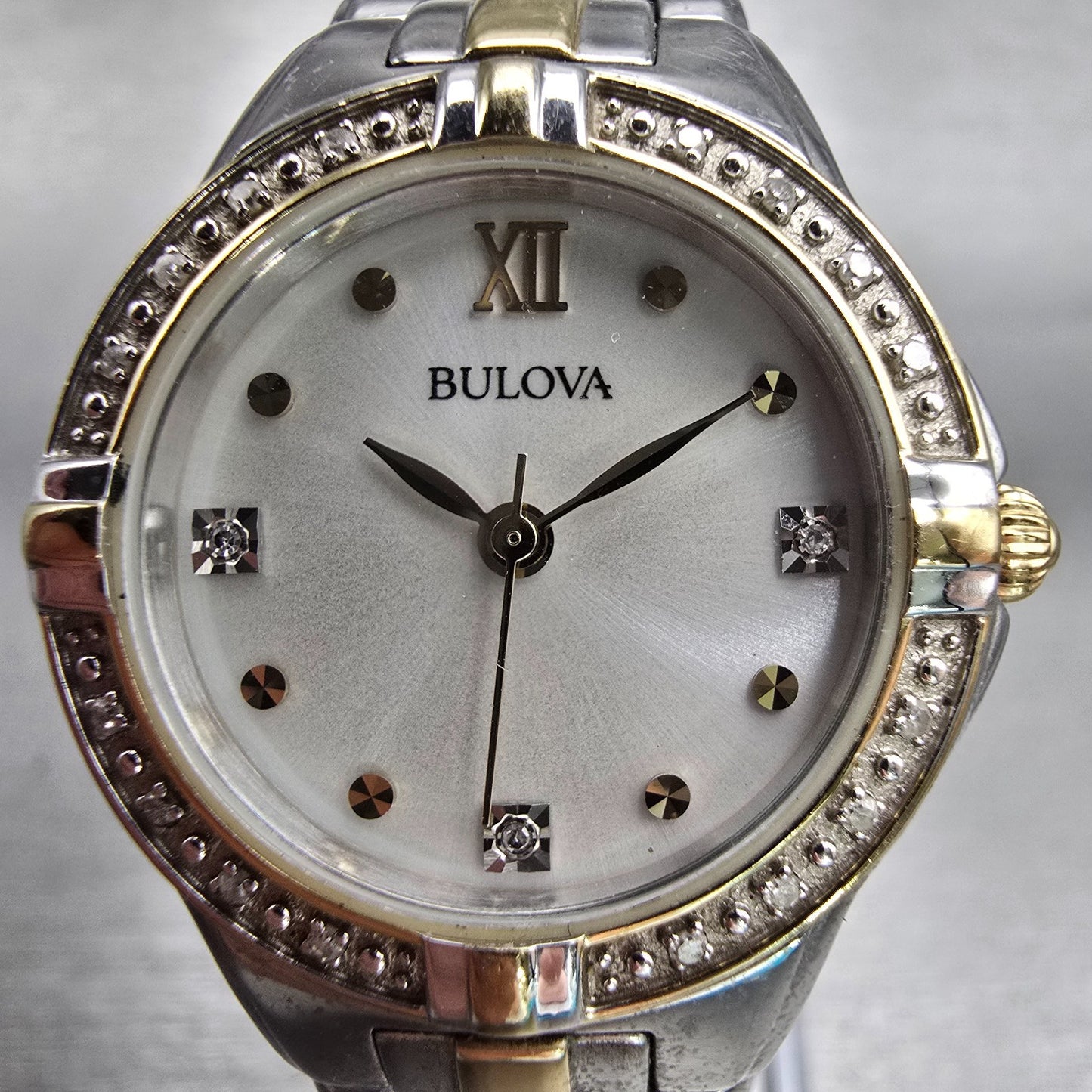 Bulova Watch Women 26mm Silver Dial Two Tone Gemmed Bezel 98R166 New Battery1