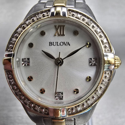 Bulova Watch Women 26mm Silver Dial Two Tone Gemmed Bezel 98R166 New Battery1