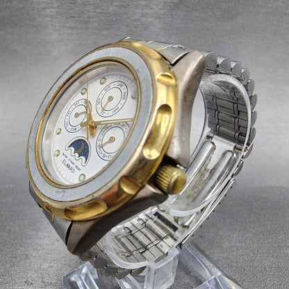 Elnard Triple Calendar Watch Men 37mm White Dial Two Tone Sun&Moon Round New Bat