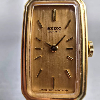 Seiko Watch Women 13mm Gold Dial Gold Tone Rectangle 1320-5770 New Battery VTG1