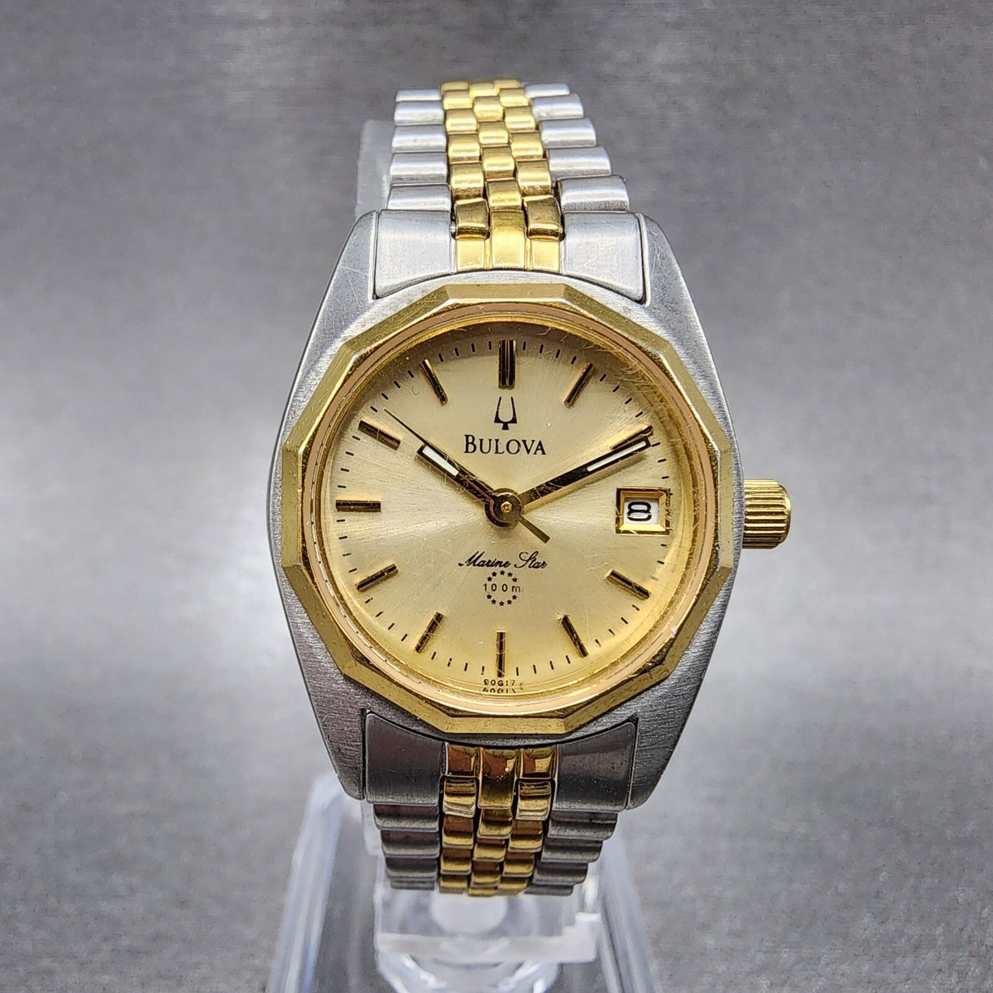 Bulova Marine Star Watch Women 24mm Gold Dial Two Tone Date Round New Battery0