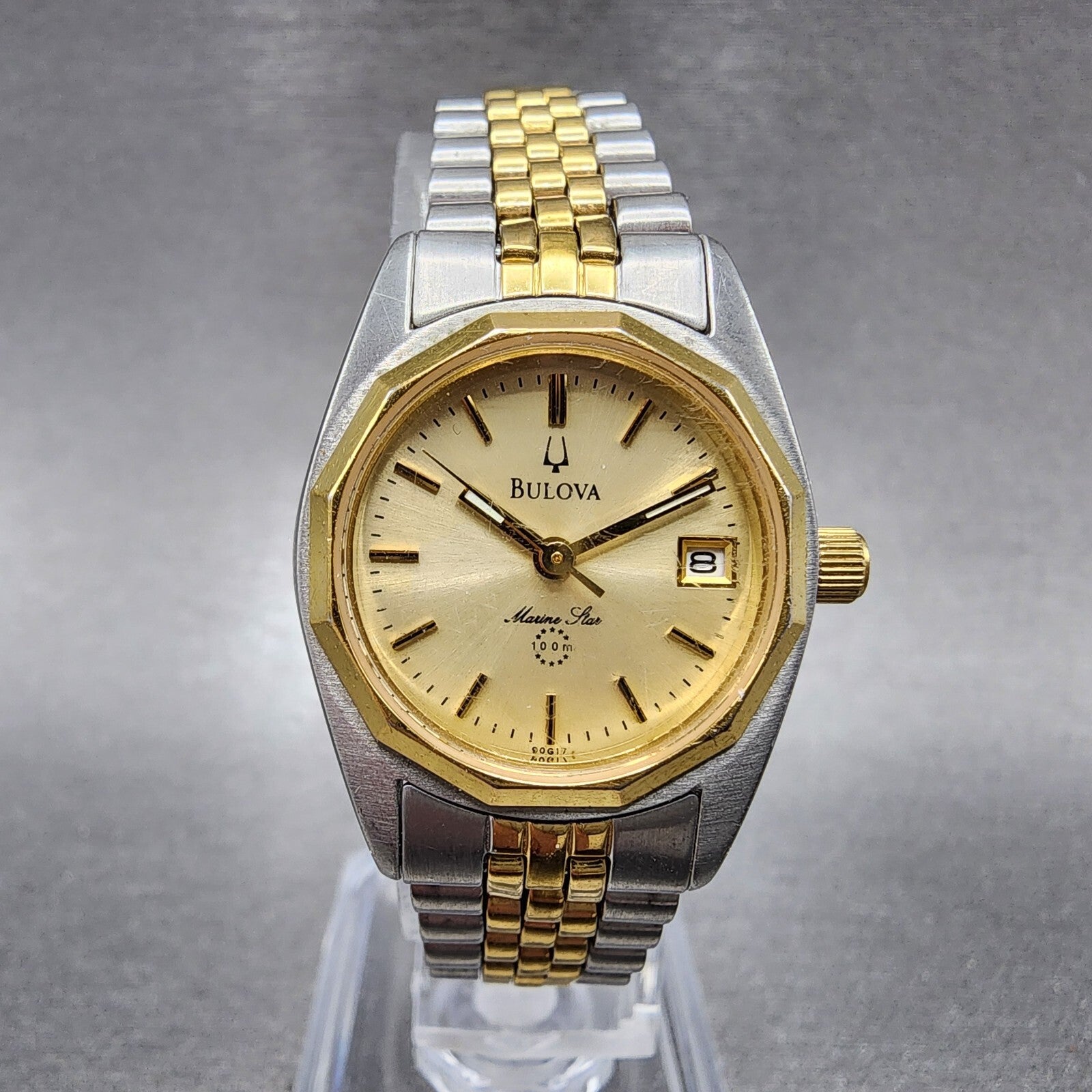 Bulova Marine Star Watch Women 24mm Gold Dial Two Tone Date Round New Battery0