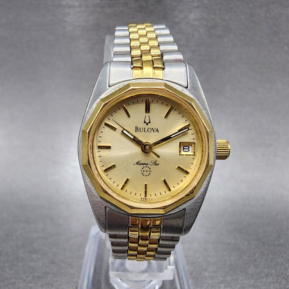 Bulova Marine Star Watch Women 24mm Gold Dial Two Tone Date Round New Battery0