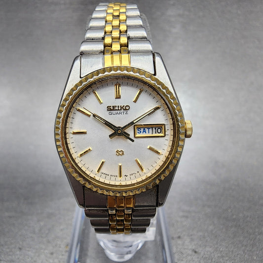 Seiko SQ Watch Women 24mm White Dial Two Tone Daydate 24mm Round New Battery0