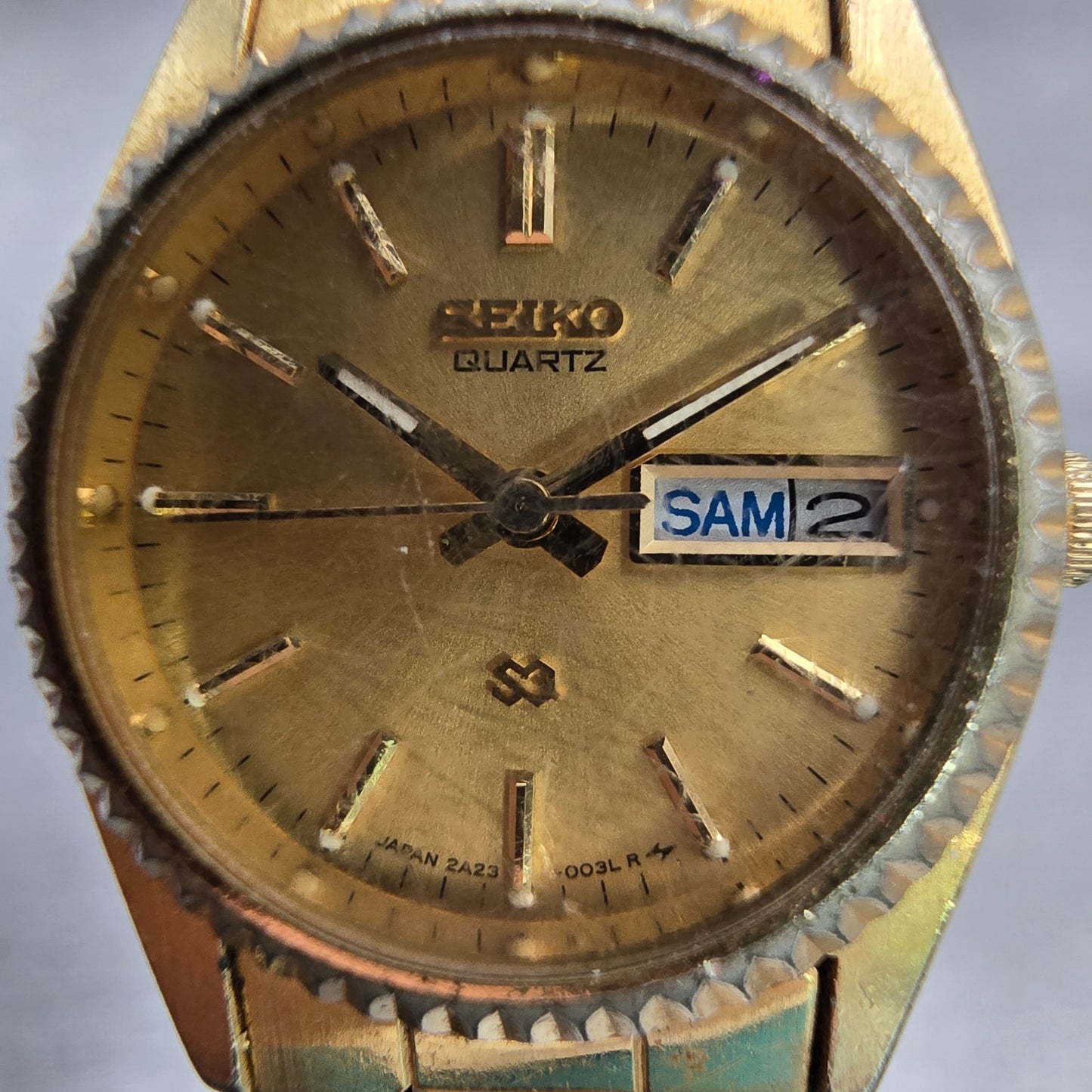 Seiko SQ Watch Women 24mm Gold Dial Gold Tone Daydate Round 2A20-0030 New Batt1