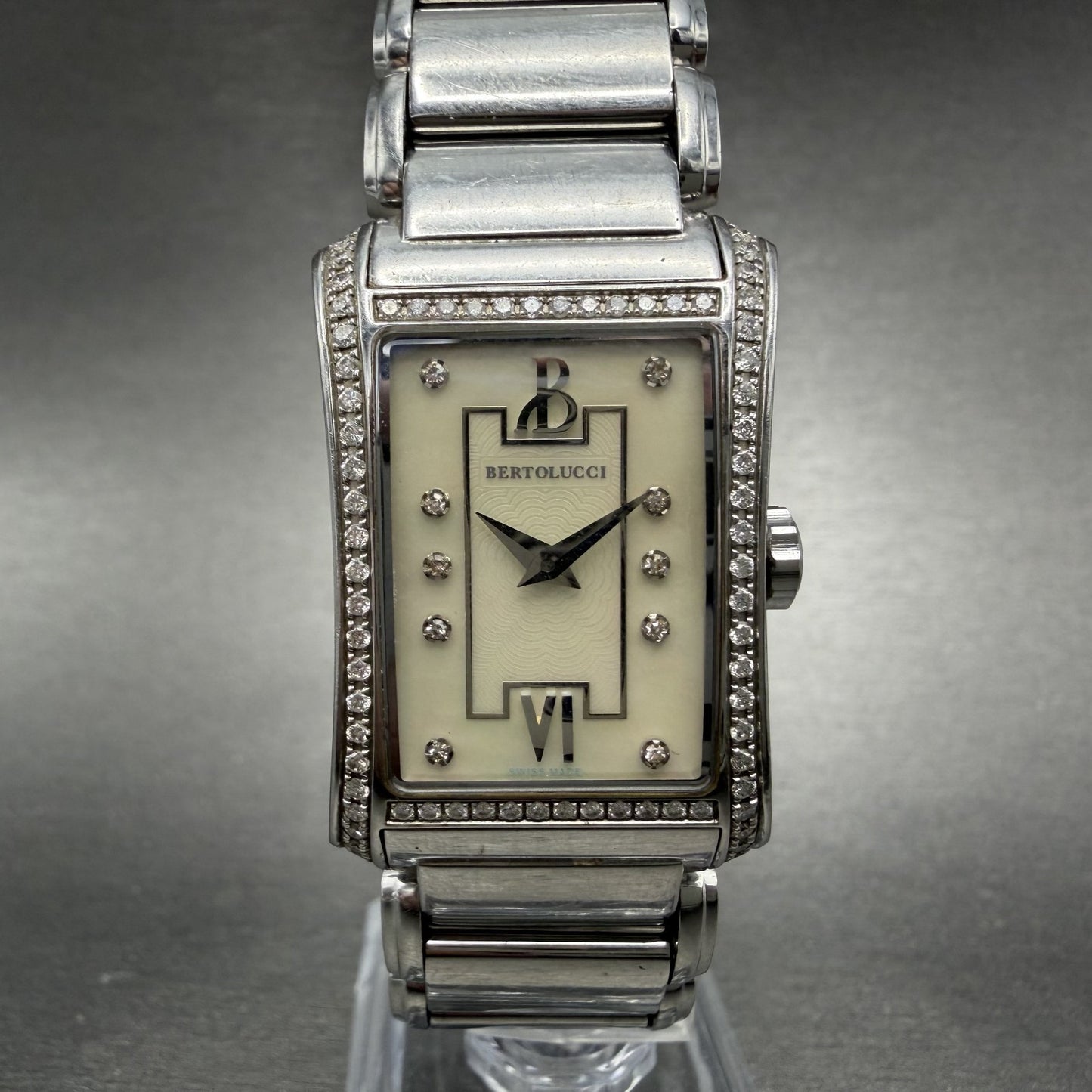 Bertolucci Fascino Tank Watch Women 23mm MOP Dial Stel Diamond Bezel New Battery0