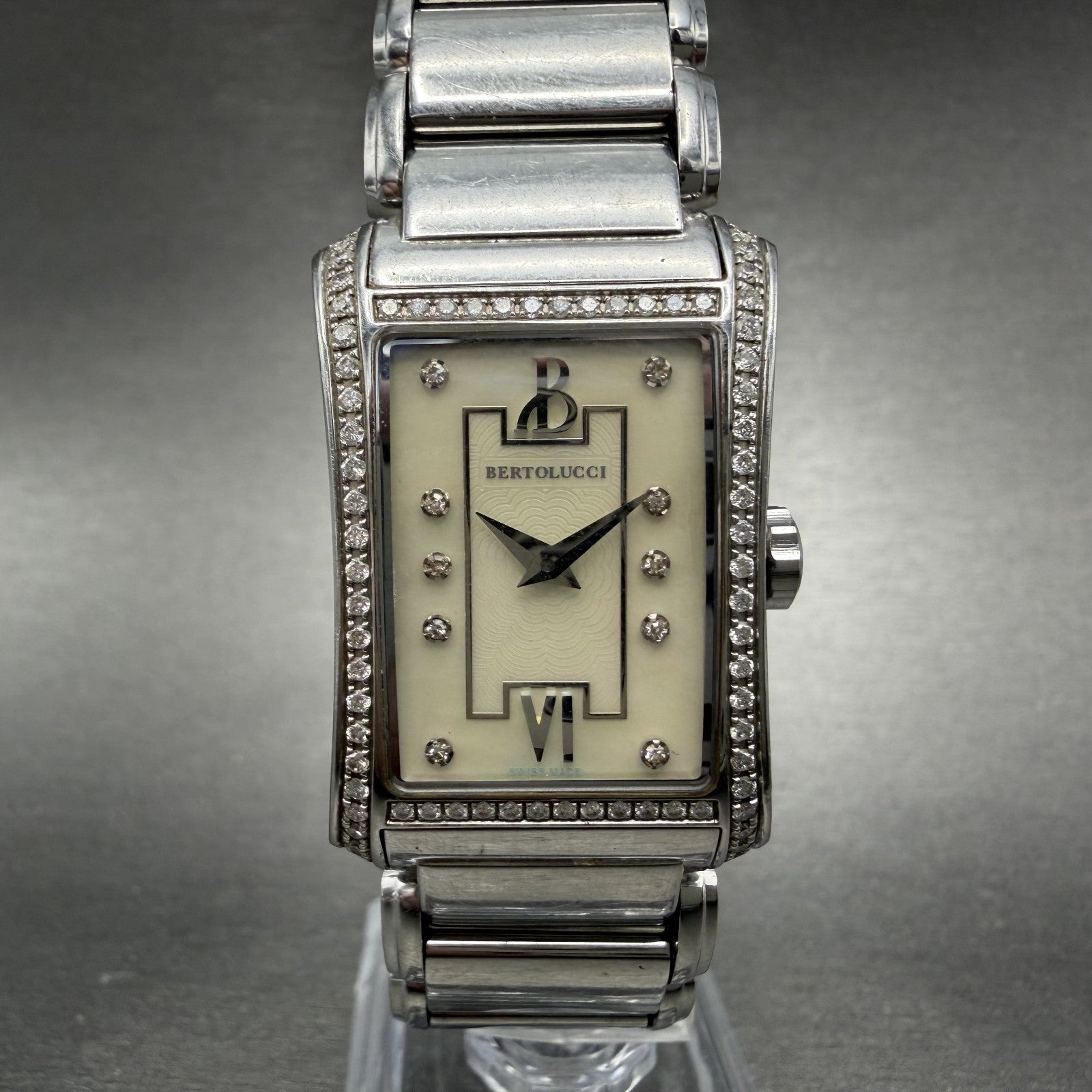 Bertolucci Fascino Tank Watch Women 23mm MOP Dial Stel Diamond Bezel New Battery0