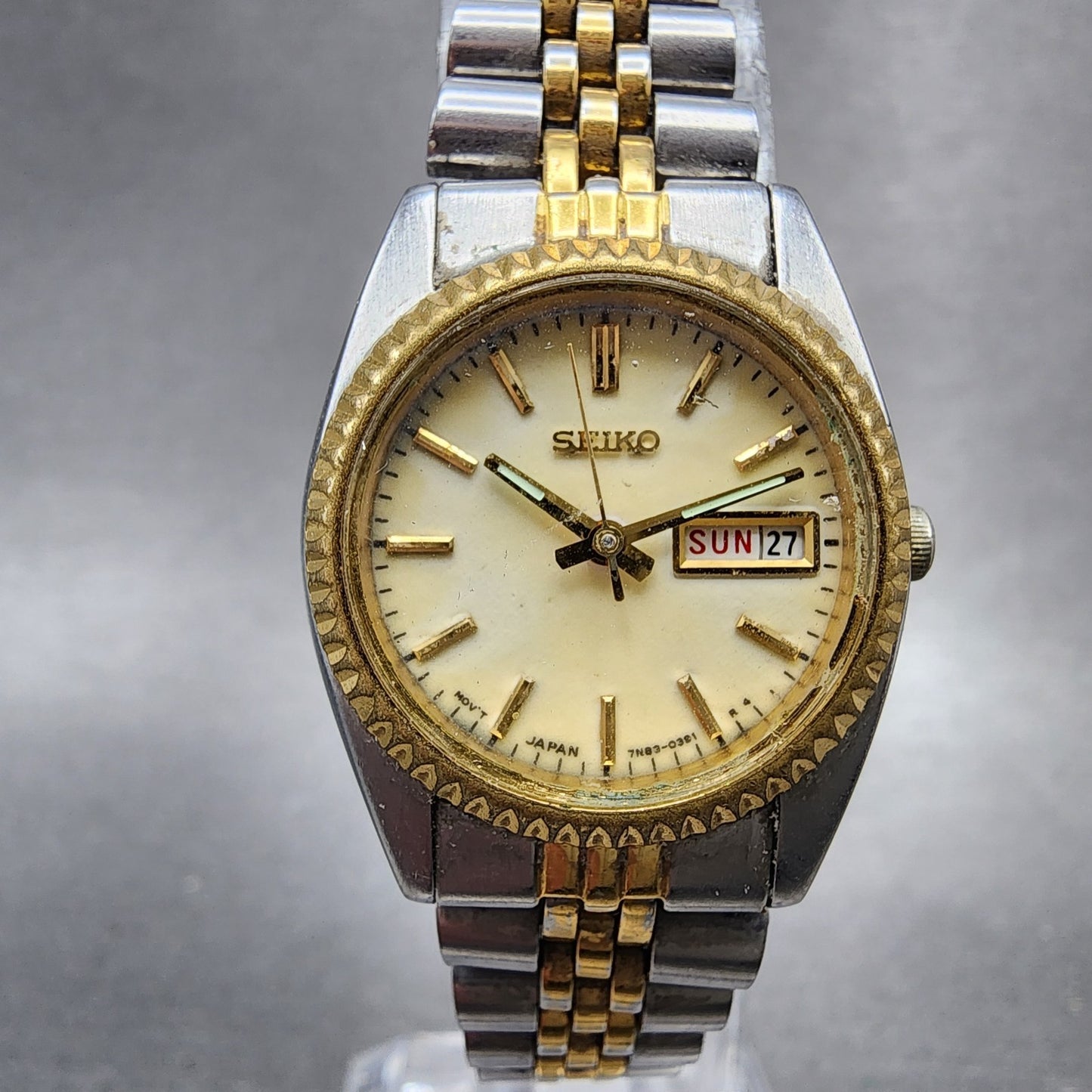 Seiko Watch Women 25mm Cream Dial Two Tone daydate Round 7n830041 New Batt AB560