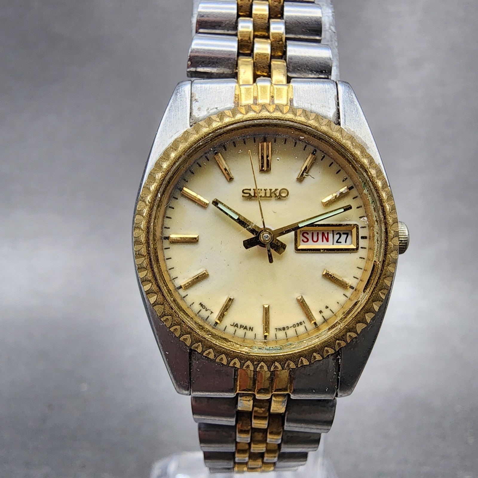 Seiko Watch Women 25mm Cream Dial Two Tone daydate Round 7n830041 New Batt AB560