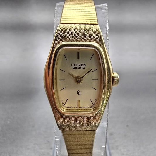 Citizen CQ Watch Women 17mm Champagne Dial Gold Tone Oval 3220-S16881 New Batt0